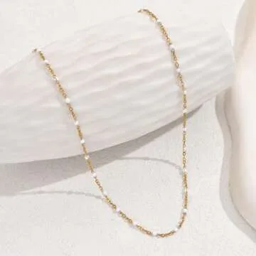 NONAMOIS Gold Chain Necklace for Women Dainty Gold Thin Enamel White Beaded Necklace Simple Gold Boho Bridal Jewelry