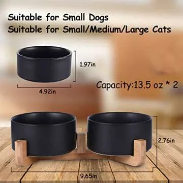 Petygooing Ceramic Dog Bowl Set with Stand,Black Cat Dog Food and Water Bowl,Small Dog Bowls - Anti -Slip Set of 2 Cat Dog Bowls-Dog Food Bowls- Dog Bowls Small Size Dog (13.5OZ/5.1 in)