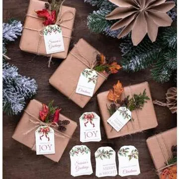 100 Count Christmas Gift Tags with Ribbon Tie Strings 4 Design Greenery Personalized Name Tag Labels Write to & from for Gifts Bags Wrapping Presents
