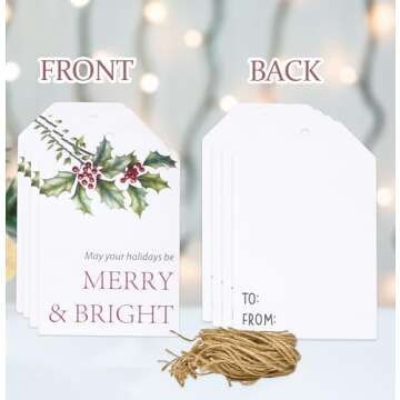 100 Count Christmas Gift Tags with Ribbon Tie Strings 4 Design Greenery Personalized Name Tag Labels Write to & from for Gifts Bags Wrapping Presents