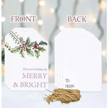 100 Count Christmas Gift Tags with Ribbon Tie Strings 4 Design Greenery Personalized Name Tag Labels Write to & from for Gifts Bags Wrapping Presents