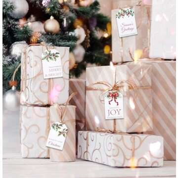100 Count Christmas Gift Tags with Ribbon Tie Strings 4 Design Greenery Personalized Name Tag Labels Write to & from for Gifts Bags Wrapping Presents