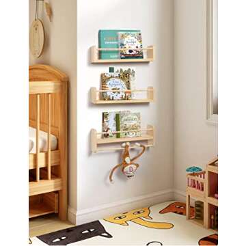 Maxpeuvon Nursery Floating Shelves for Wall, Set of 3 Book Shelves Natural Wood Wall Mounted Organiz...