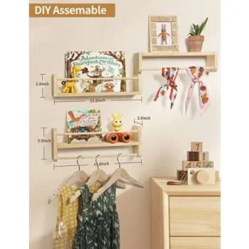 Maxpeuvon Nursery Floating Shelves for Wall, Set of 3 Book Shelves Natural Wood Wall Mounted Organizer with Towel Bar Hanging Bookshelves Nursery Decor for Kids Room, Bedroom and Kitchen