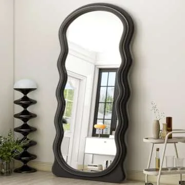 GLSLAND 71" x 30" Irregular Full Length Mirror with Flannel Wrapped Wooden Frame - Extra Large Full Mirror for Hanging or Leaning Against Wall in Cloakroom, Bedroom, Living Room, Black