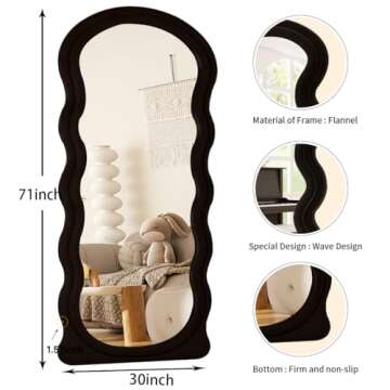 GLSLAND 71" x 30" Irregular Full Length Mirror with Flannel Wrapped Wooden Frame - Extra Large Full Mirror for Hanging or Leaning Against Wall in Cloakroom, Bedroom, Living Room, Black