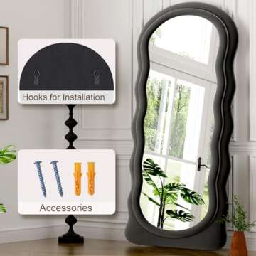 GLSLAND 71" x 30" Irregular Full Length Mirror with Flannel Wrapped Wooden Frame - Extra Large Full Mirror for Hanging or Leaning Against Wall in Cloakroom, Bedroom, Living Room, Black
