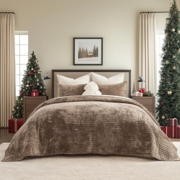 EVERGRACE Velvet Quilt Set King Size, Luxurious Soft Striped Channel Bedding Set, Lightweight Velvet...