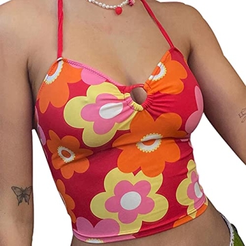 Y2K Flower Print Halter Neck Camisole - Trendy Summer Sleeveless Top