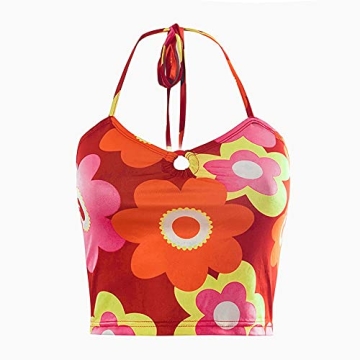 Trendy Y2K Flower Print Halter Neck Camisole for Women