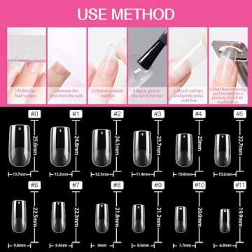 UNA GELLA Square Fake Nails 504pcs Square Gel Nail Tips Clear Press on Nails Pre-shape for Full Cover Square Nails French False Nails For Nail Extension Nail Art Home DIY 12 Sizes False Gelly Tips