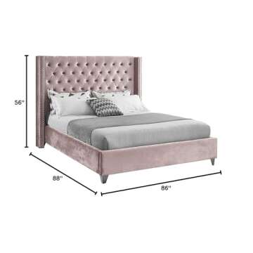 Meridian Furniture Aiden Collection Modern | Contemporary Velvet Upholstered Bed with Deep Button Tufting, Solid Wood Frame, and Custom Chrome Legs, King, Pink