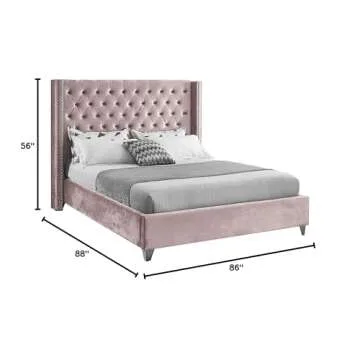 Meridian Furniture Aiden Collection Modern | Contemporary Velvet Upholstered Bed with Deep Button Tufting, Solid Wood Frame, and Custom Chrome Legs, King, Pink
