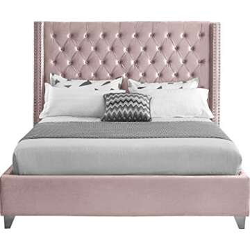 Meridian Furniture Aiden Collection Modern | Contemporary Velvet Upholstered Bed with Deep Button Tufting, Solid Wood Frame, and Custom Chrome Legs, King, Pink