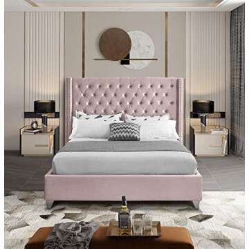 Meridian Furniture Aiden Collection Modern | Contemporary Velvet Upholstered Bed with Deep Button Tufting, Solid Wood Frame, and Custom Chrome Legs, King, Pink