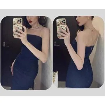 XPONNI Denim Maxi Dress Y2k Denim Tube Dress Strapless Denim Bodycon Dress Jean Dresses Denim Dresses for Women 2023 (L,Large)