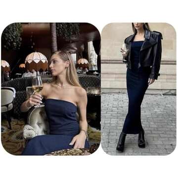 XPONNI Denim Maxi Dress Y2k Denim Tube Dress Strapless Denim Bodycon Dress Jean Dresses Denim Dresses for Women 2023 (L,Large)