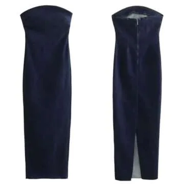 XPONNI Denim Maxi Dress Y2k Denim Tube Dress Strapless Denim Bodycon Dress Jean Dresses Denim Dresses for Women 2023 (L,Large)