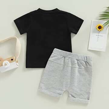 Toddler Baby Boy Clothes Set Letter Print Short Sleeve Crewneck T-Shirt and Solid Color Shorts Set 2Pcs Summer Outfits (B-Black Gray, 12-18 Months)