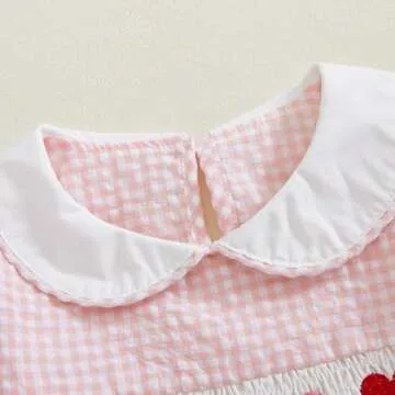 Newborn Baby Girls Valentines day Clothes Long Sleeve Doll Collar Smocked Heart Embroidery Plaid Bubble Romper Outfit (Pink, 6-12 Months)