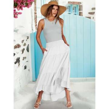 ANRABESS Women Summer Maxi Skirt Elastic High Waist Flowy Boho Casual Tiered Aline Long Beach Skirts 2024 Trendy Outfits White Large