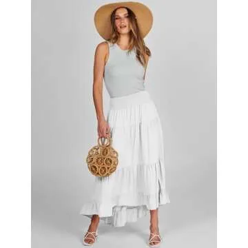 ANRABESS Women Summer Maxi Skirt Elastic High Waist Flowy Boho Casual Tiered Aline Long Beach Skirts 2024 Trendy Outfits White Large