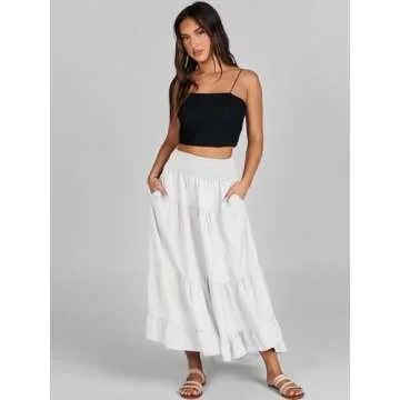 ANRABESS Women Summer Maxi Skirt Elastic High Waist Flowy Boho Casual Tiered Aline Long Beach Skirts 2024 Trendy Outfits White Large