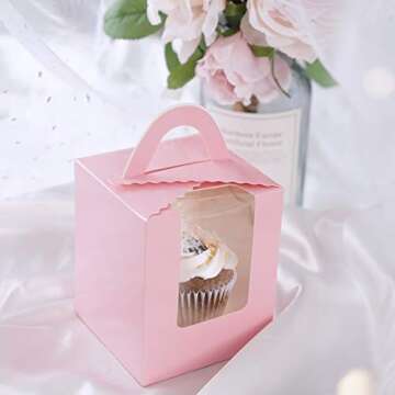 EUSOAR Cupcake Boxes 50pcs Pink Carriers with Windows