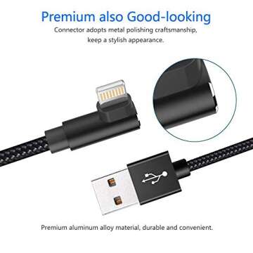 Extra Long Durable Charging Cable, 3 Pack 10ft USB A to 90 Degree Aluminum Alloy Charging Cord Compatible with iPhone 13/12/11/Pro/Xs Max/XS/XR/7/7Plus/X/8/8Plus/6S/6S Plus/SE (Black, 10ft)