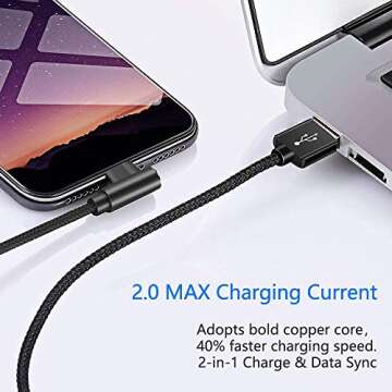 Extra Long Durable Charging Cable, 3 Pack 10ft USB A to 90 Degree Aluminum Alloy Charging Cord Compatible with iPhone 13/12/11/Pro/Xs Max/XS/XR/7/7Plus/X/8/8Plus/6S/6S Plus/SE (Black, 10ft)