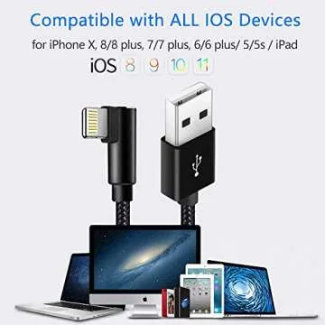 Extra Long Durable Charging Cable, 3 Pack 10ft USB A to 90 Degree Aluminum Alloy Charging Cord Compatible with iPhone 13/12/11/Pro/Xs Max/XS/XR/7/7Plus/X/8/8Plus/6S/6S Plus/SE (Black, 10ft)