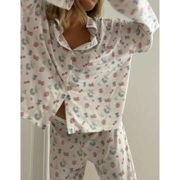 FHNUVB Women 2 Piece Floral Pajama Set Button Down Long Sleeve Wide Leg Fruit Set Cute Pjs Y2K Loungewear Sleepwear S-XL