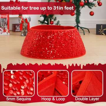 TomteNisse Christmas Tree Collar,23.6 Inch Sequin Christmas Tree Base Covers,Foldable Round Xmas Tree Ring for Artificial Trees,Red Christmas Tree Basket for Holiday Decorations Home Decor