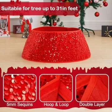 TomteNisse Christmas Tree Collar,23.6 Inch Sequin Christmas Tree Base Covers,Foldable Round Xmas Tree Ring for Artificial Trees,Red Christmas Tree Basket for Holiday Decorations Home Decor