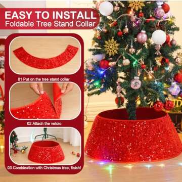 TomteNisse Christmas Tree Collar,23.6 Inch Sequin Christmas Tree Base Covers,Foldable Round Xmas Tree Ring for Artificial Trees,Red Christmas Tree Basket for Holiday Decorations Home Decor