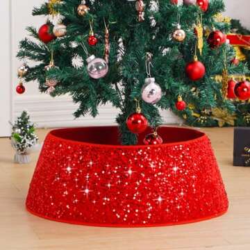 TomteNisse Christmas Tree Collar,23.6 Inch Sequin Christmas Tree Base Covers,Foldable Round Xmas Tree Ring for Artificial Trees,Red Christmas Tree Basket for Holiday Decorations Home Decor