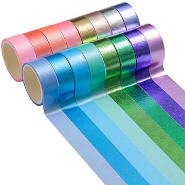 MPOPUUL Colored Decorative Washi Tape Set - 16 Rolls Gold Foil Macaron Colors Masking Tape, Cute Rainbow Japanese Paper Tapes for Bullet Journals, Scrapbooking & Crafts Supplies,15mm Wide