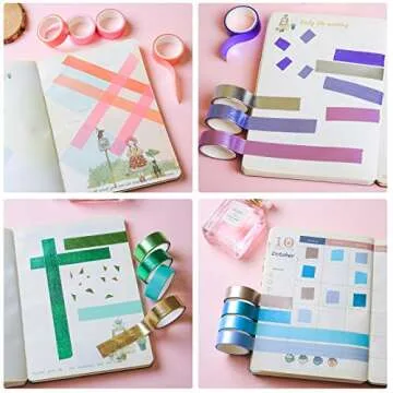 MPOPUUL Colored Decorative Washi Tape Set - 16 Rolls Gold Foil Macaron Colors Masking Tape, Cute Rainbow Japanese Paper Tapes for Bullet Journals, Scrapbooking & Crafts Supplies,15mm Wide