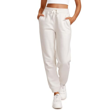 CRZ YOGA Cotton Fleece Lined Sweatpants - High Waisted Casual Joggers with Pockets (Milky White, Med...