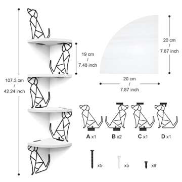 Alsonerbay White Corner Shelf Wall Mount, 4 Tier Floating Shelves for Wall Storage, Rustic Wall Shelves Wood Shelves for Bedroom, Living Room, Bathroom, Entryway, Garage (Dog Shaped)