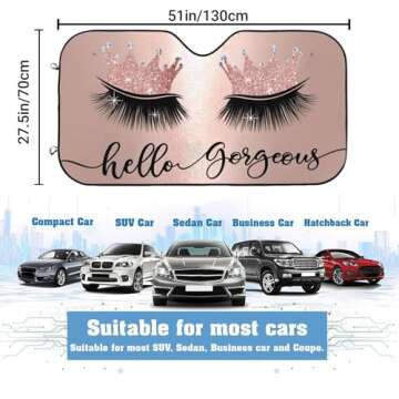 Hello Gorgeous Car Windshield Sunshade, Pink Crown Eyelash Front Window Sun Shades, Folding Block UV...