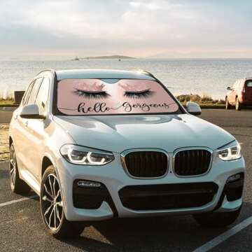 Hello Gorgeous Car Windshield Sunshade, Pink Crown Eyelash Front Window Sun Shades, Folding Block UV Rays Sun Visor Protector, Sun Shield for Car Sedan Truck SUV Cute Auto Accessories 51x27.5 in