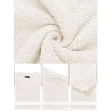 MEROKEETY Women's 2 Piece Outfits Fuzzy Fleece Pajama Set Long Sleeve Top Wide Leg Pants Loungewear,Beige,L