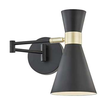 Light Society LS-W305-BK Beaker Wall Sconce in Matte Black with Swivel Arm and Brass Details, Modern Mid-Century Retro Style Lighting