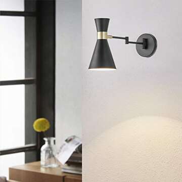 Light Society LS-W305-BK Beaker Wall Sconce in Matte Black with Swivel Arm and Brass Details, Modern Mid-Century Retro Style Lighting