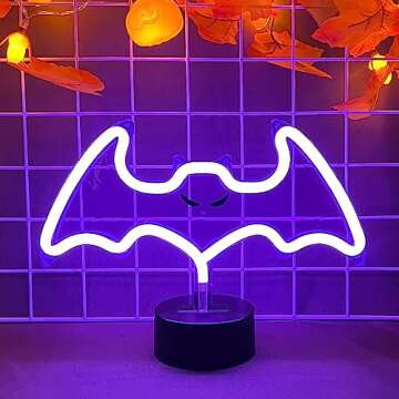 Purple Bat Neon Sign with Base, Halloween Decoration LED Bat Neon Light Signs Indoor Table Decor Neo...