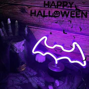 Purple Bat Neon Sign with Base, Halloween Decoration LED Bat Neon Light Signs Indoor Table Decor Neon Lamp USB or Battery Powered Bat Lights with Pattern for Halloween Part Bar Room Décor Kids
