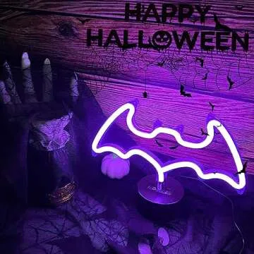 Purple Bat Neon Sign with Base, Halloween Decoration LED Bat Neon Light Signs Indoor Table Decor Neon Lamp USB or Battery Powered Bat Lights with Pattern for Halloween Part Bar Room Décor Kids