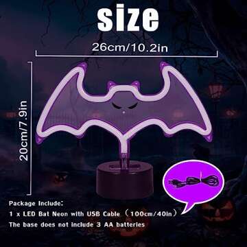 Purple Bat Neon Sign with Base, Halloween Decoration LED Bat Neon Light Signs Indoor Table Decor Neon Lamp USB or Battery Powered Bat Lights with Pattern for Halloween Part Bar Room Décor Kids