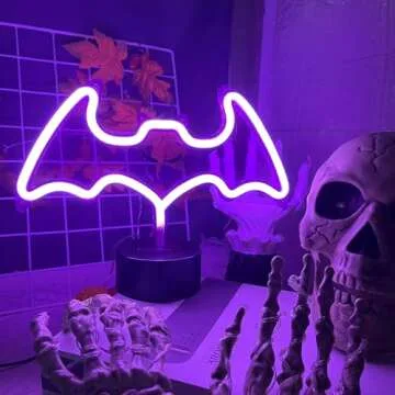 Purple Bat Neon Sign with Base, Halloween Decoration LED Bat Neon Light Signs Indoor Table Decor Neon Lamp USB or Battery Powered Bat Lights with Pattern for Halloween Part Bar Room Décor Kids